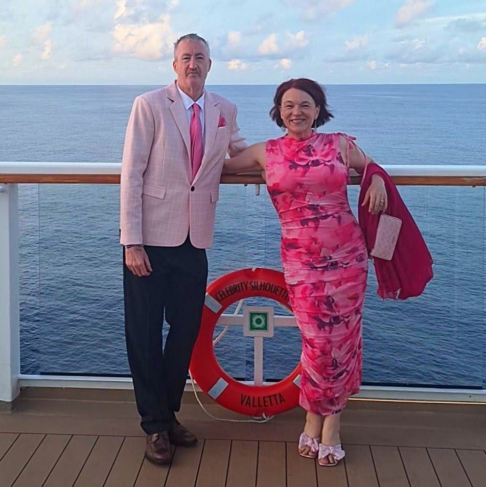 Edina and Michael dressed for an elegant evening aboard Celebrity Silhouette