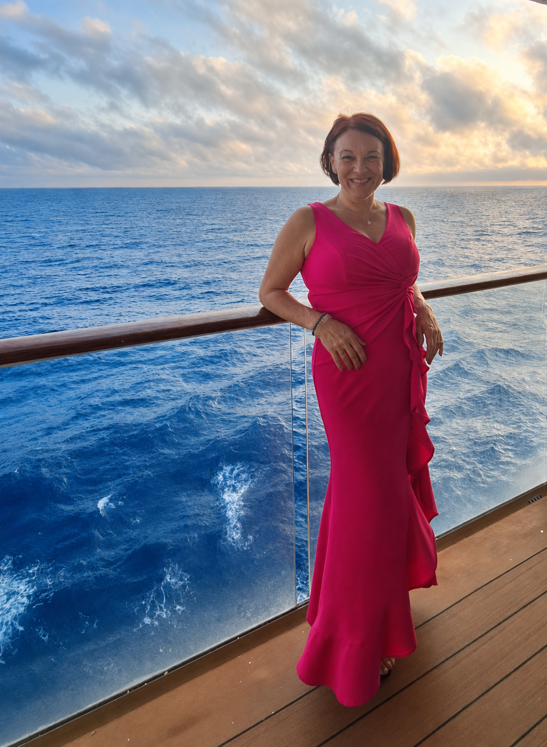 Edina dressed for an elegant evening on an ocean cruise