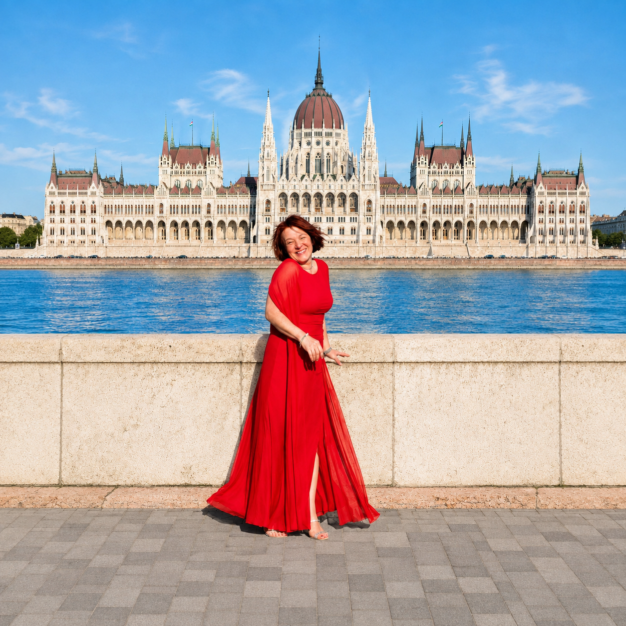 Edina in a flowing red dress in front of the Hungarian Parliament in Budapest